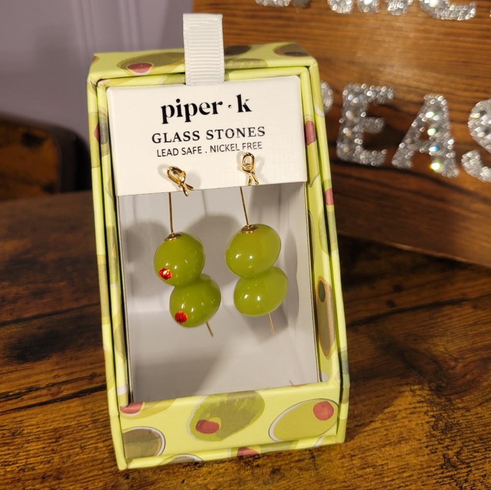 Piper.k martini Olive Green Glass Bead Drop Earrings brass hardare